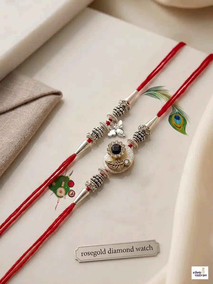 Handcrafted Silver Black Stone Floral Rakhi Pair