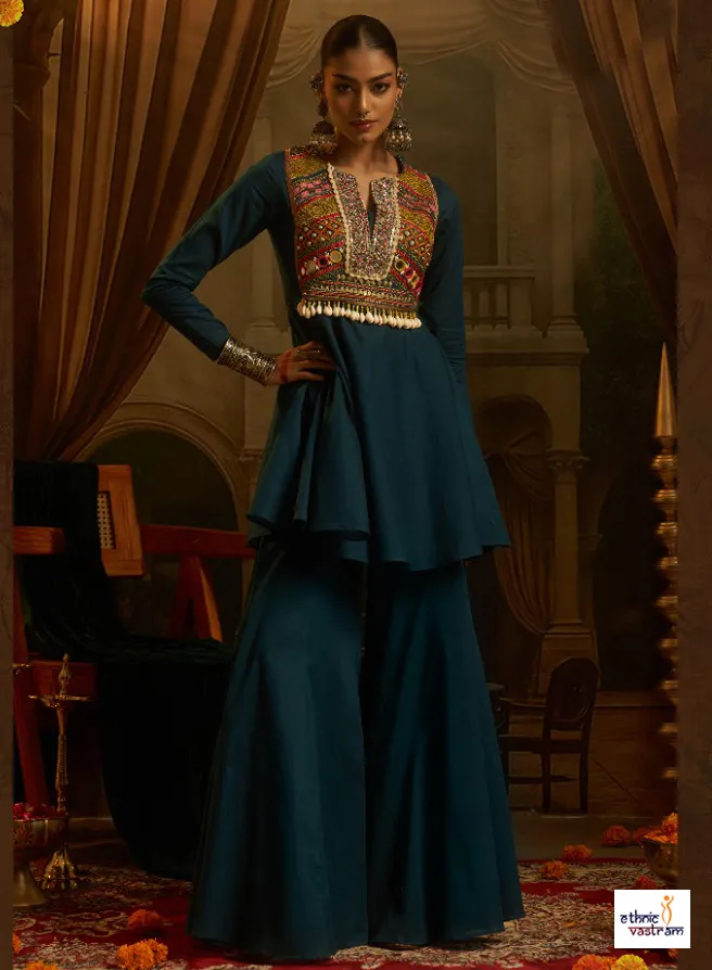 Handcrafted Teal Green Mal Cotton Navratri Co-ord Dress