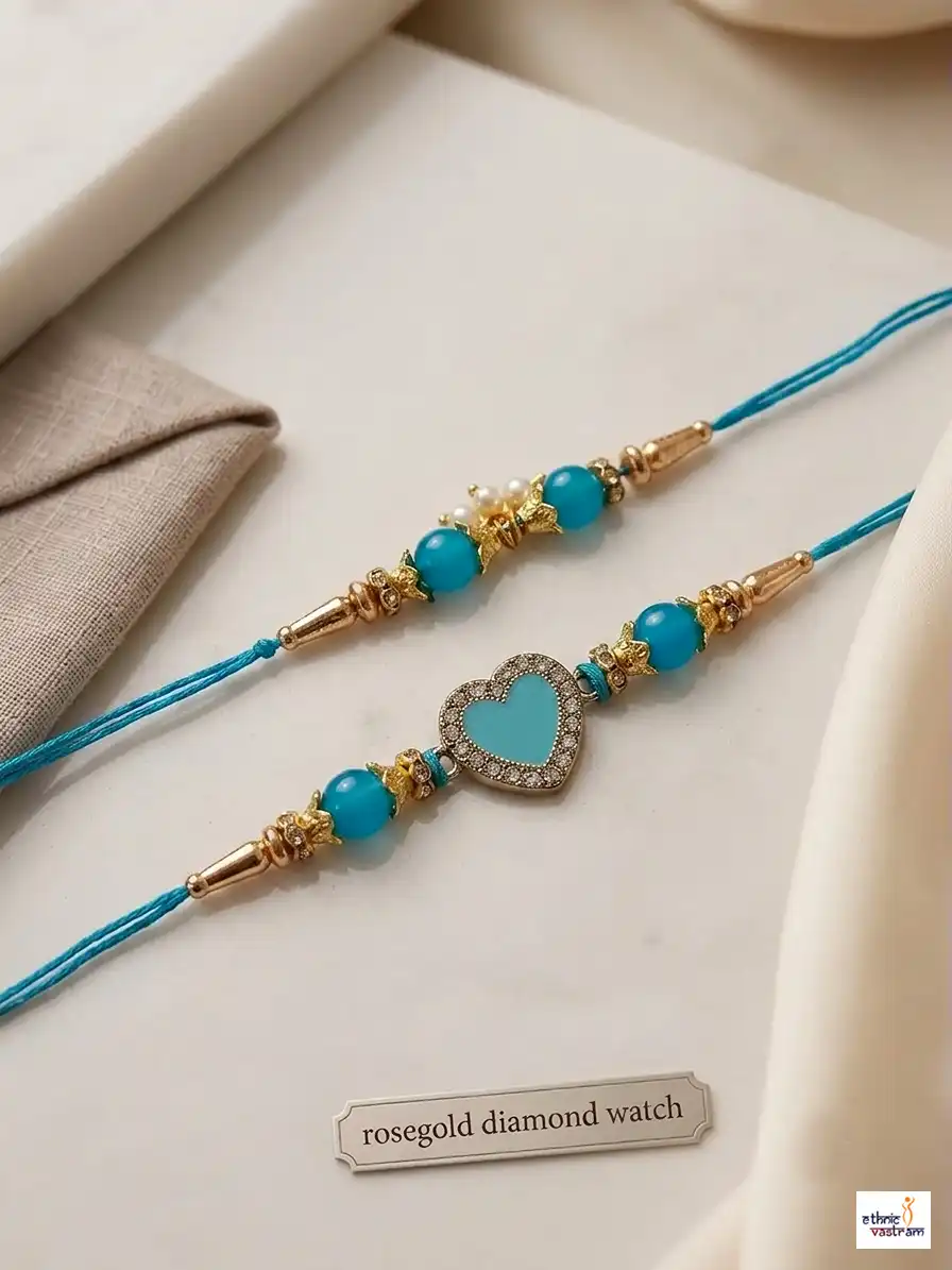 Handcrafted Turquoise Heart Bhaiya Bhabhi Rakhi Set