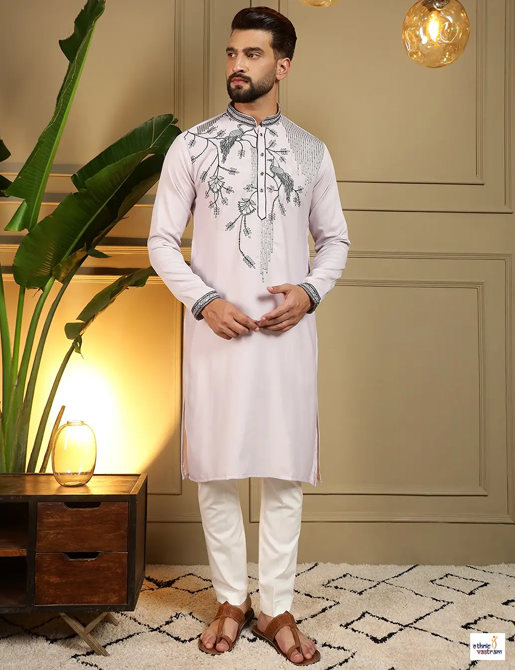 Lavender Embroidered Viscose Silk Men Kurta Pajama