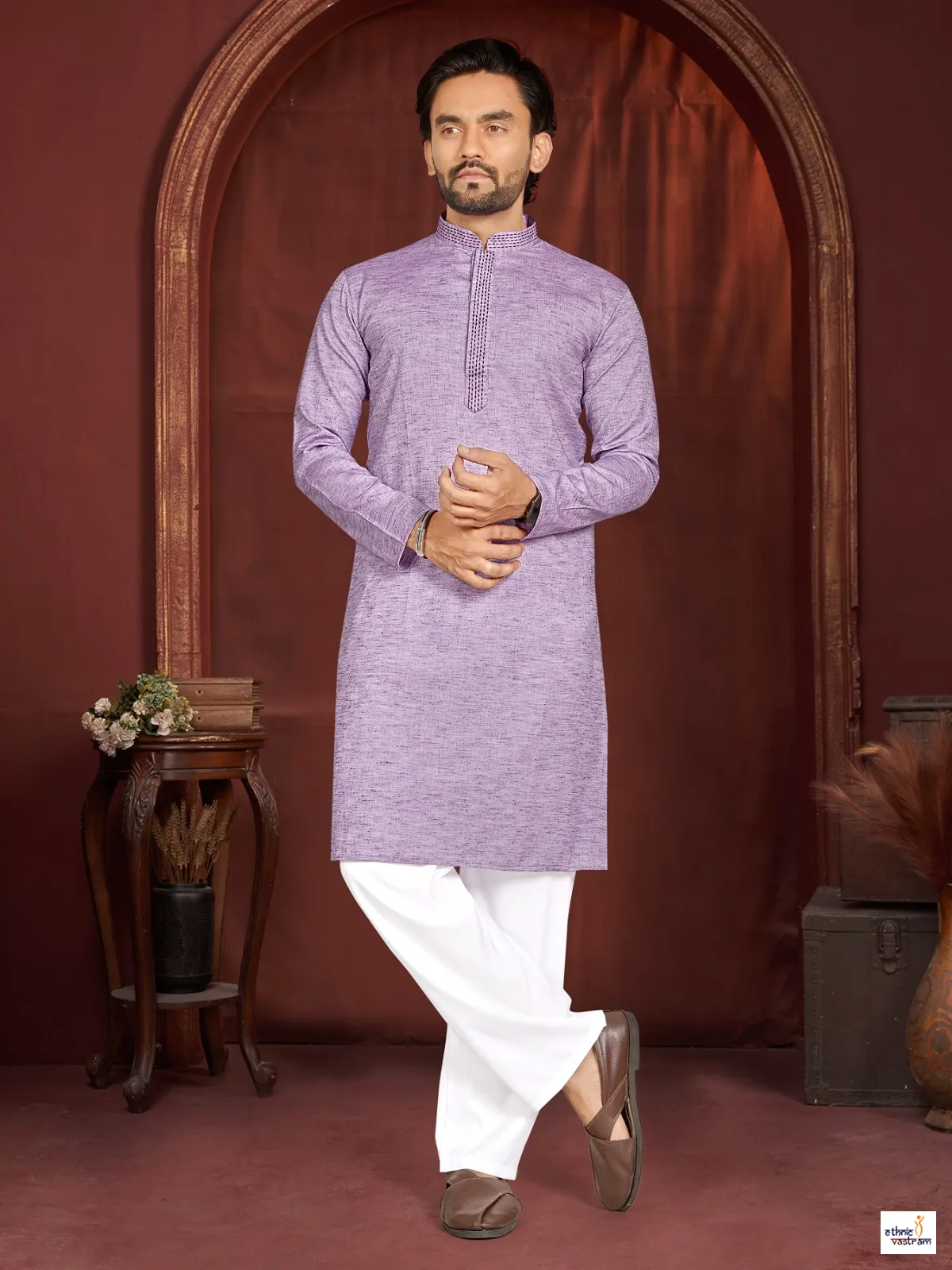 Lavender Linen Cotton Men Kurta Pajama Set