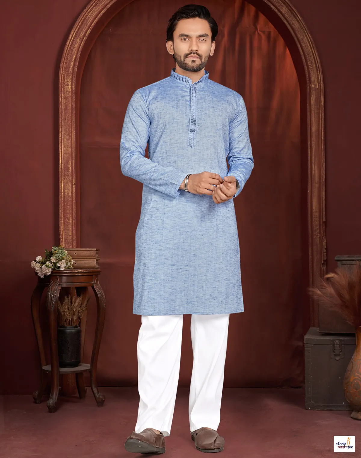 Light Blue Linen Cotton Men Kurta Pajama Set