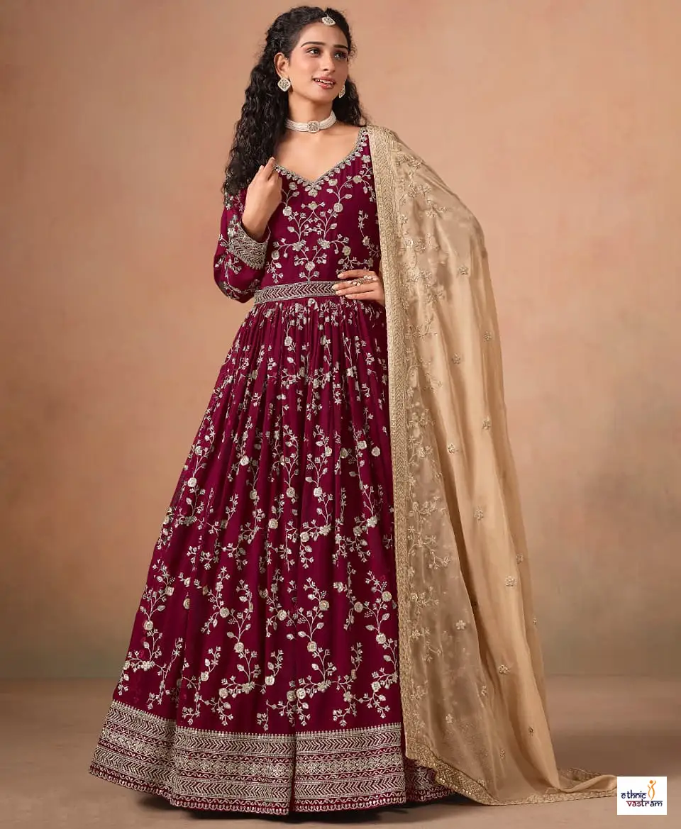 Maroon Faux Georgette Embroidered Anarkali Gown Set