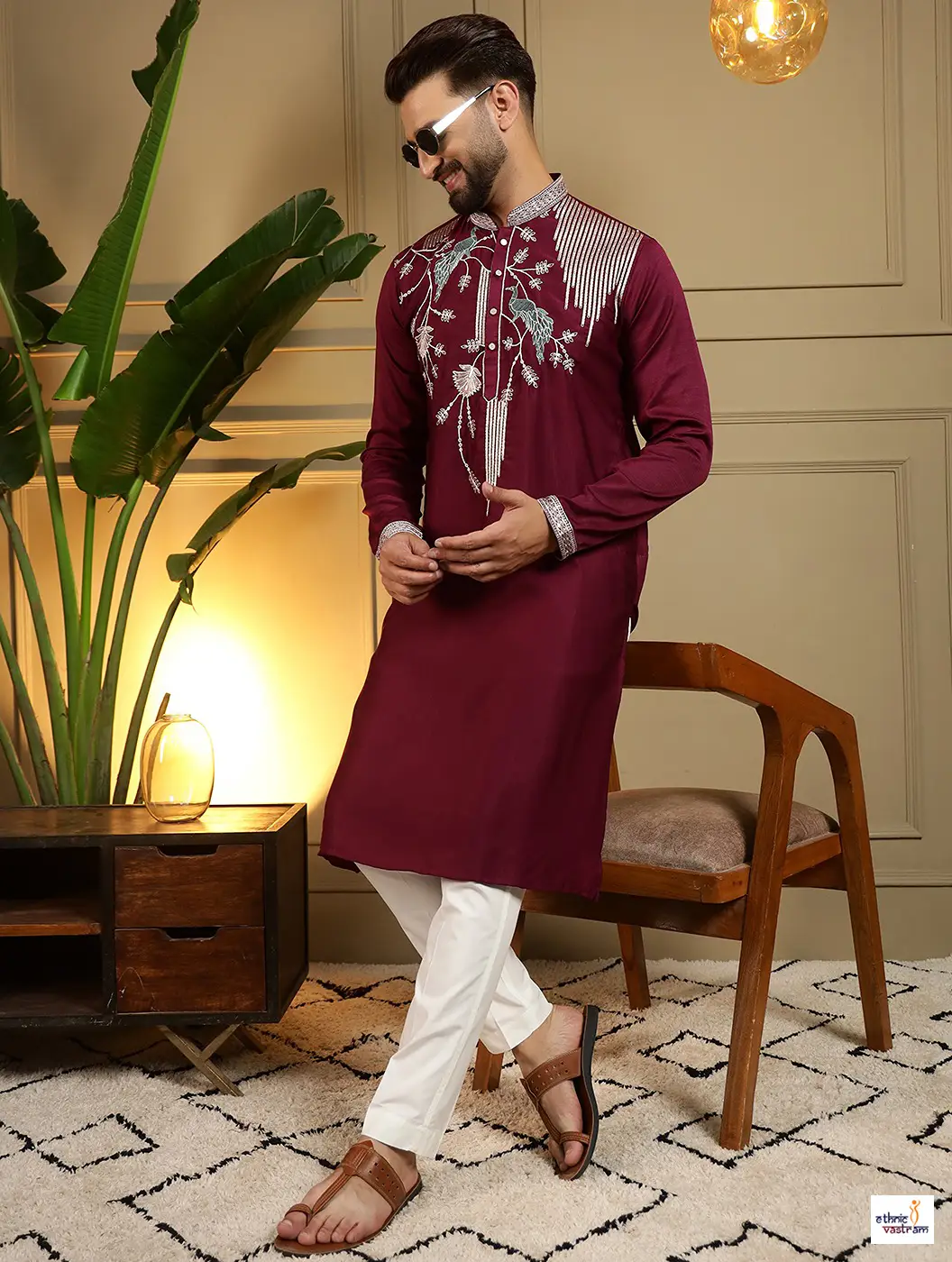 Maroon Viscose Silk Sequins Embroidered Kurta Pajama Set