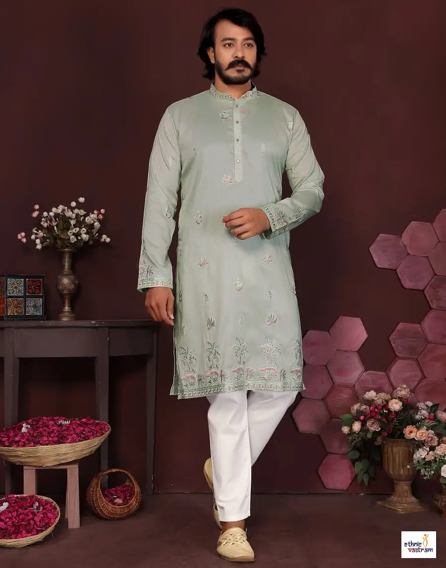 Mint Sage Green Silk Sequins Work Kurta Set For Men