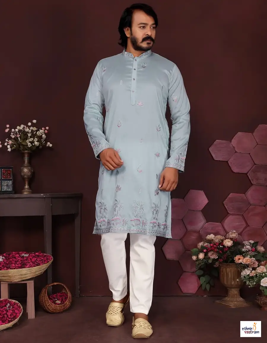 Modern Sky Blue Silk Kurta Pajama For Men