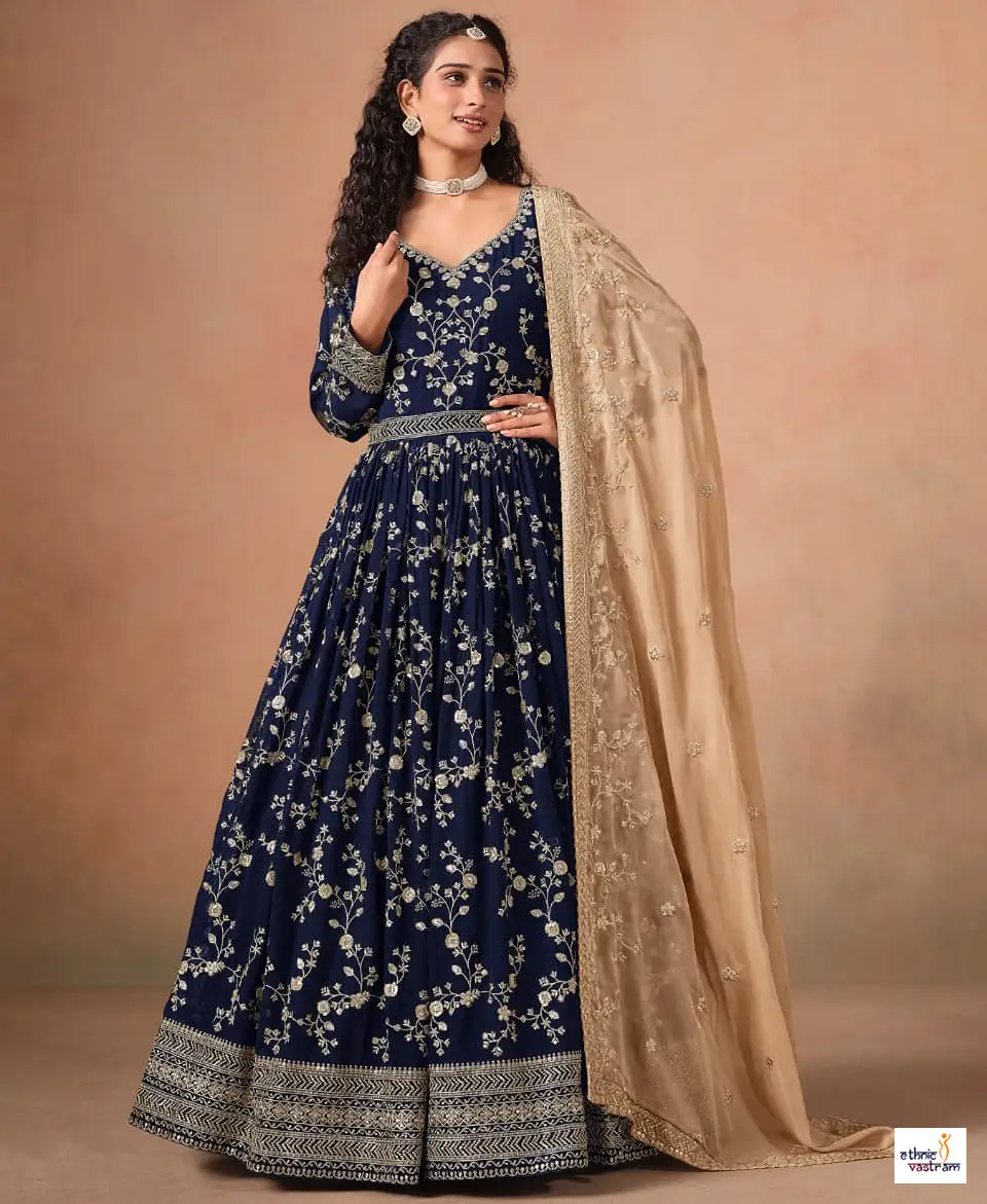 Navy Blue Faux Georgette Embroidered Anarkali Gown Set