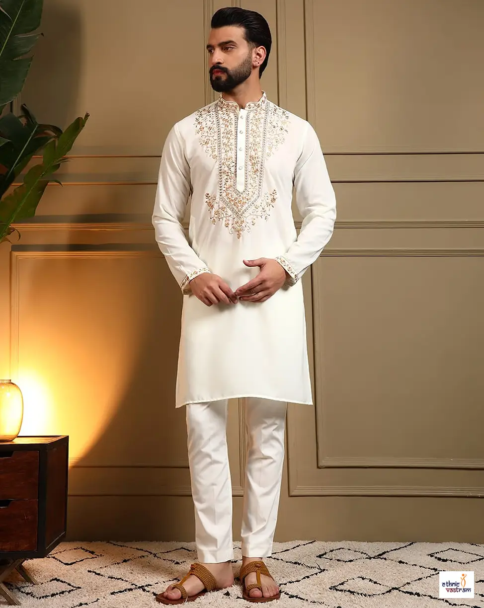 Off White Armani Silk Sequence Work Kurta Pajama