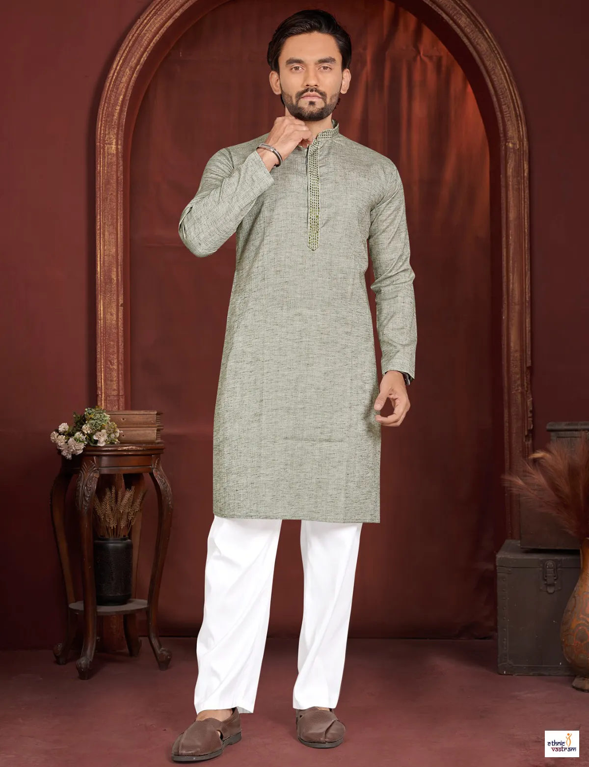Olive Green Linen Cotton Men Kurta Pajama Set