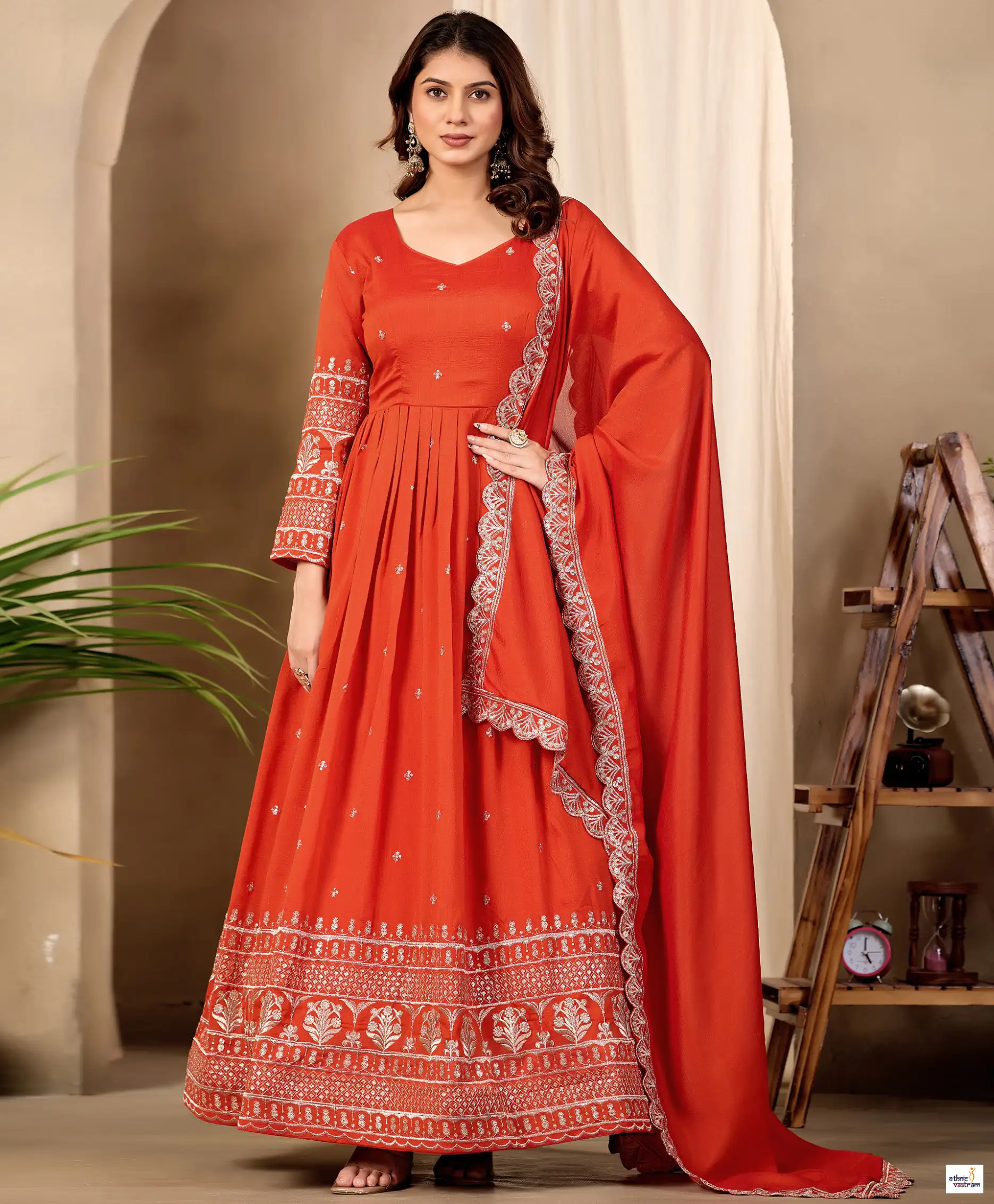 Orange Art Silk Embroidered Gown Set With Dupatta And Pant