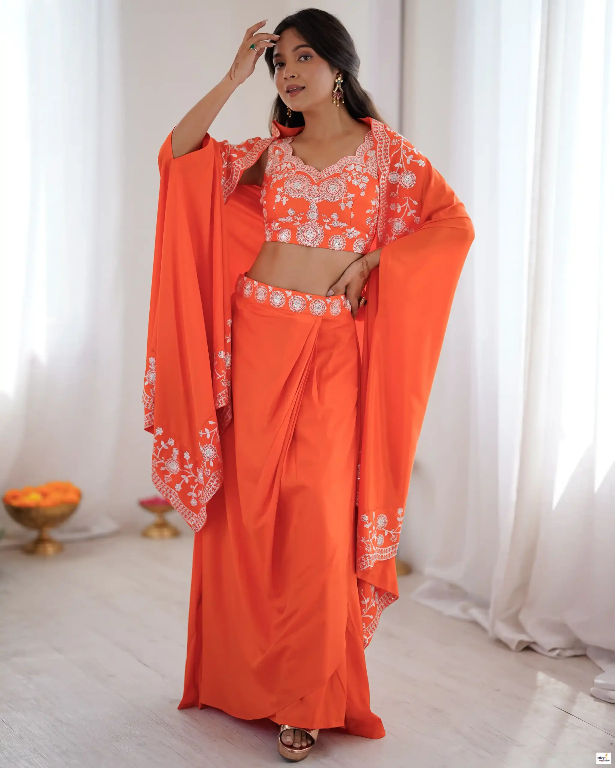 Orange French Crepe Sequence Embroidery Dhoti Crop Top Set With Shrug