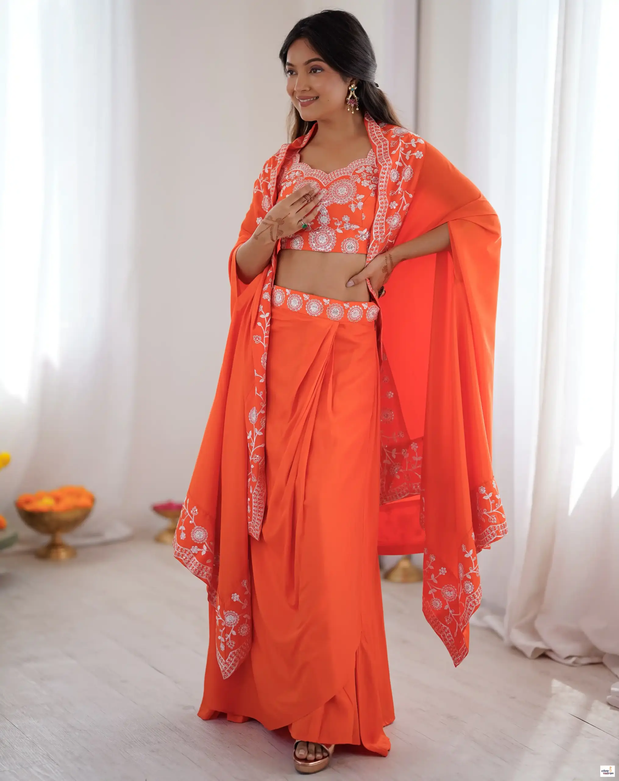 Orange French Crepe Sequence Embroidery Dhoti Crop Top Set With Shrug - Image 2