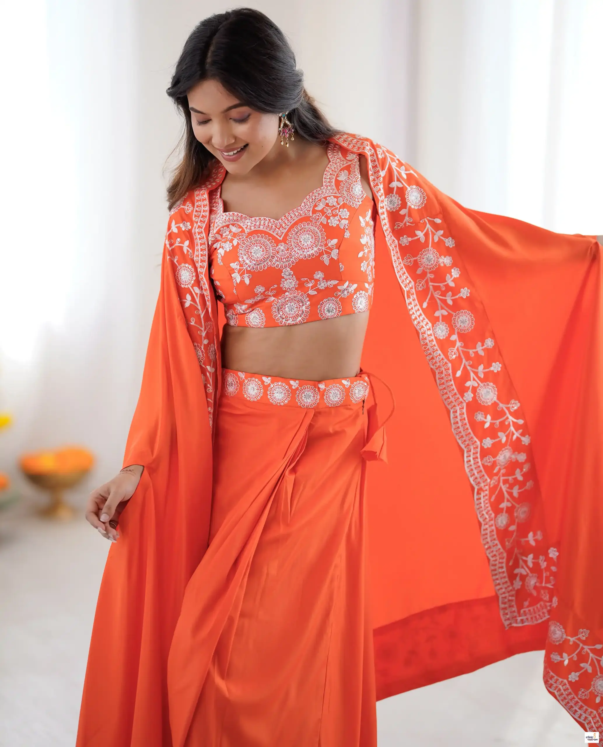 Orange French Crepe Sequence Embroidery Dhoti Crop Top Set With Shrug - Image 4