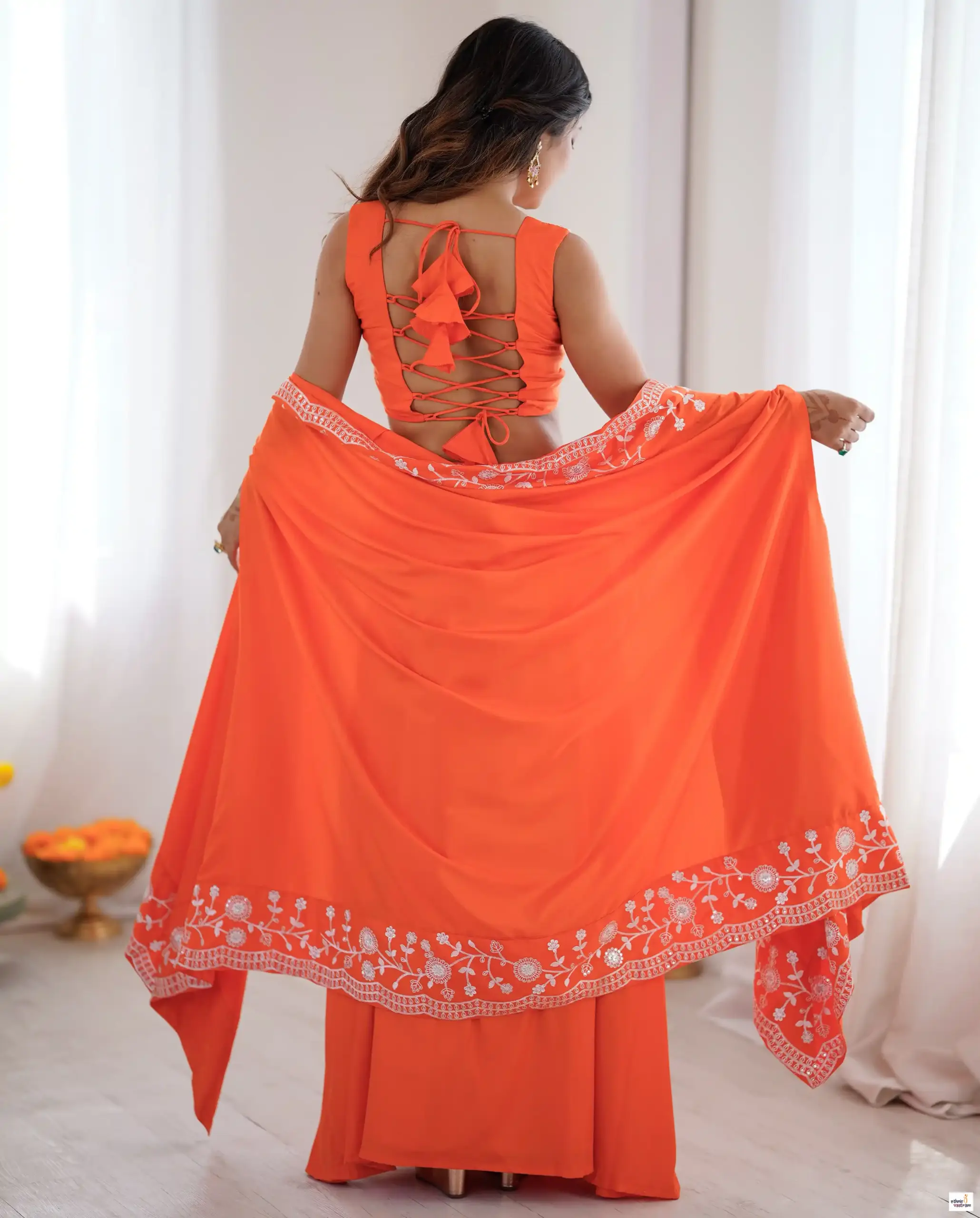 Orange French Crepe Sequence Embroidery Dhoti Crop Top Set With Shrug - Image 3