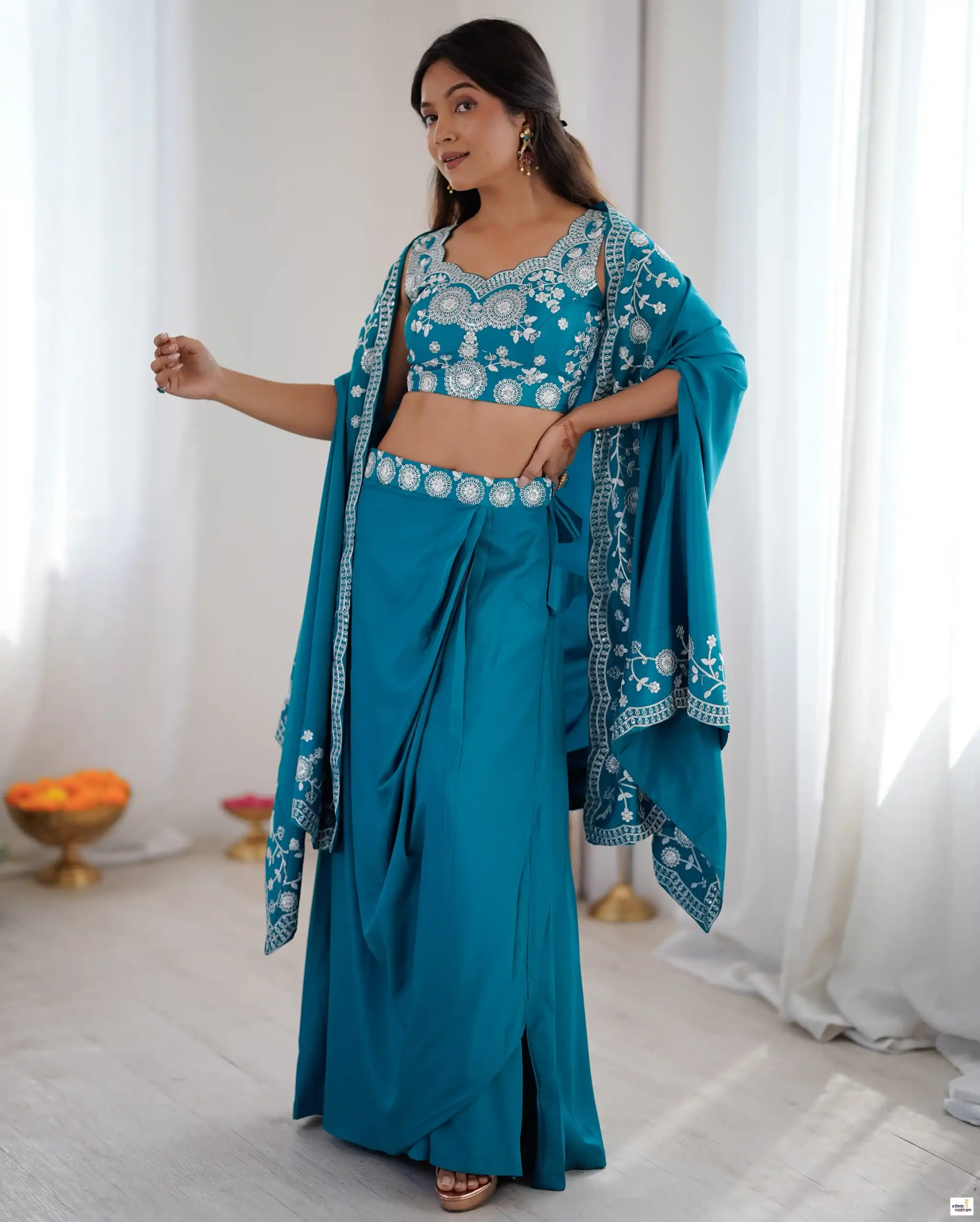 Peacock Blue French Crepe Sequins Embroidery Dhoti Crop Top Set With Shrug