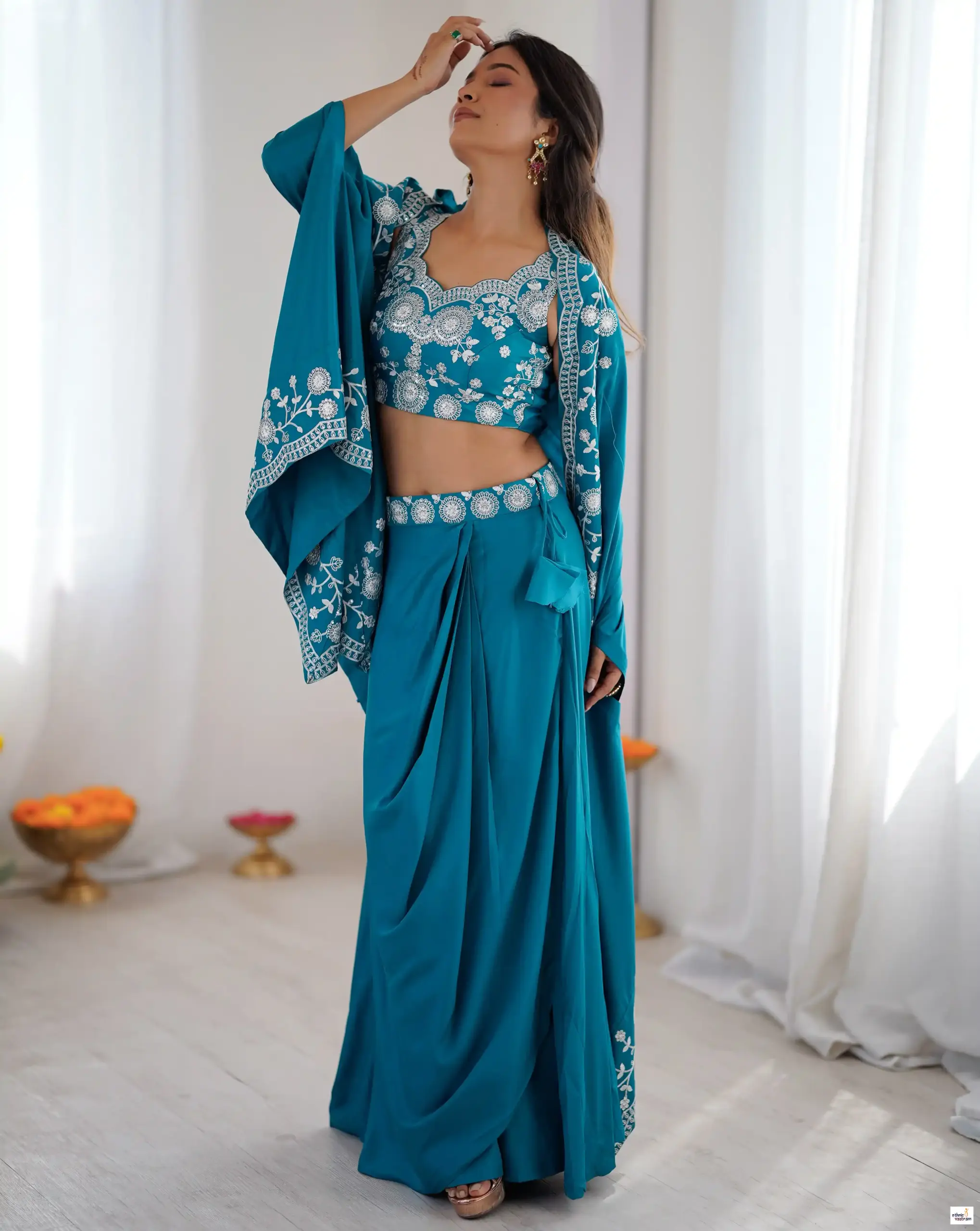 Peacock Blue French Crepe Sequins Embroidery Dhoti Crop Top Set With Shrug - Image 2