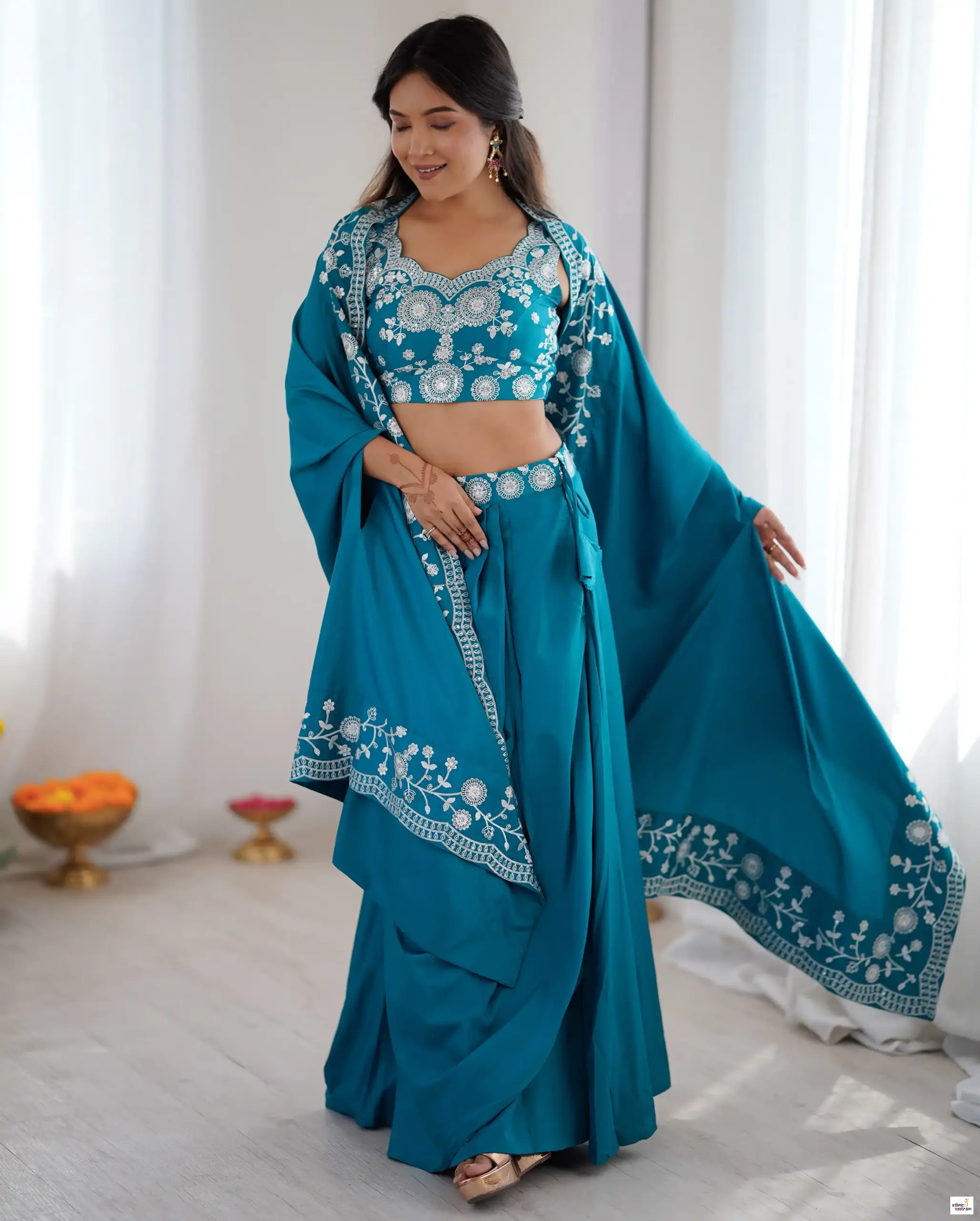 Peacock Blue French Crepe Sequins Embroidery Dhoti Crop Top Set With Shrug - Image 3