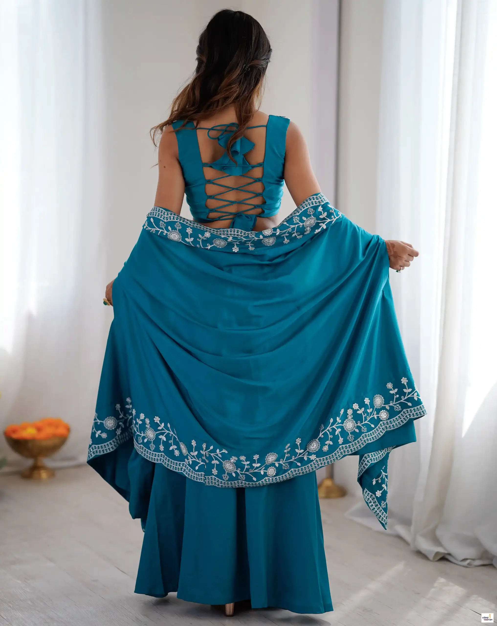 Peacock Blue French Crepe Sequins Embroidery Dhoti Crop Top Set With Shrug - Image 4