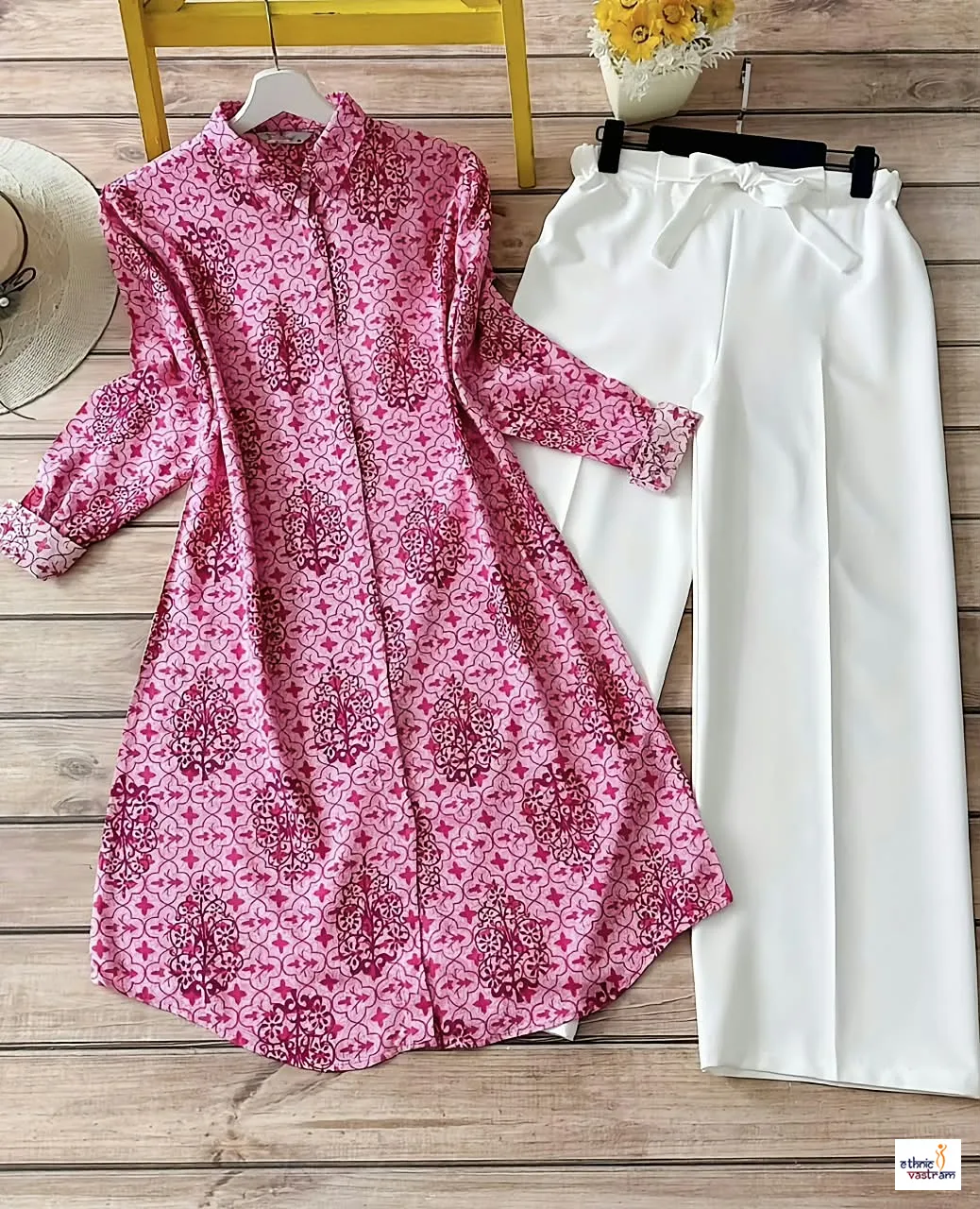 Pink Digital Print Rayon Kurti Set With White Palazzo