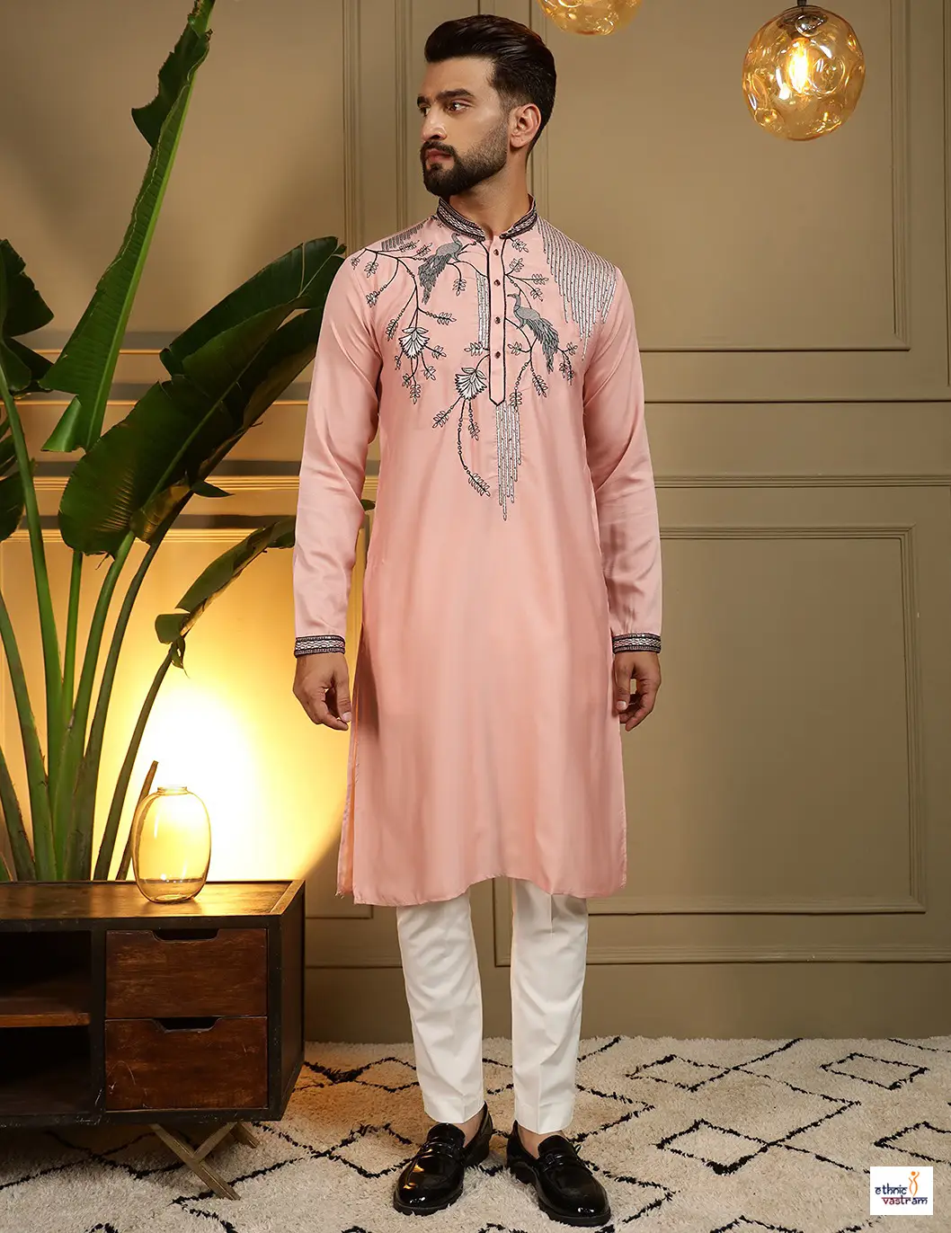 Pink Sequins Embroidered Viscose Silk Men Kurta Pajama