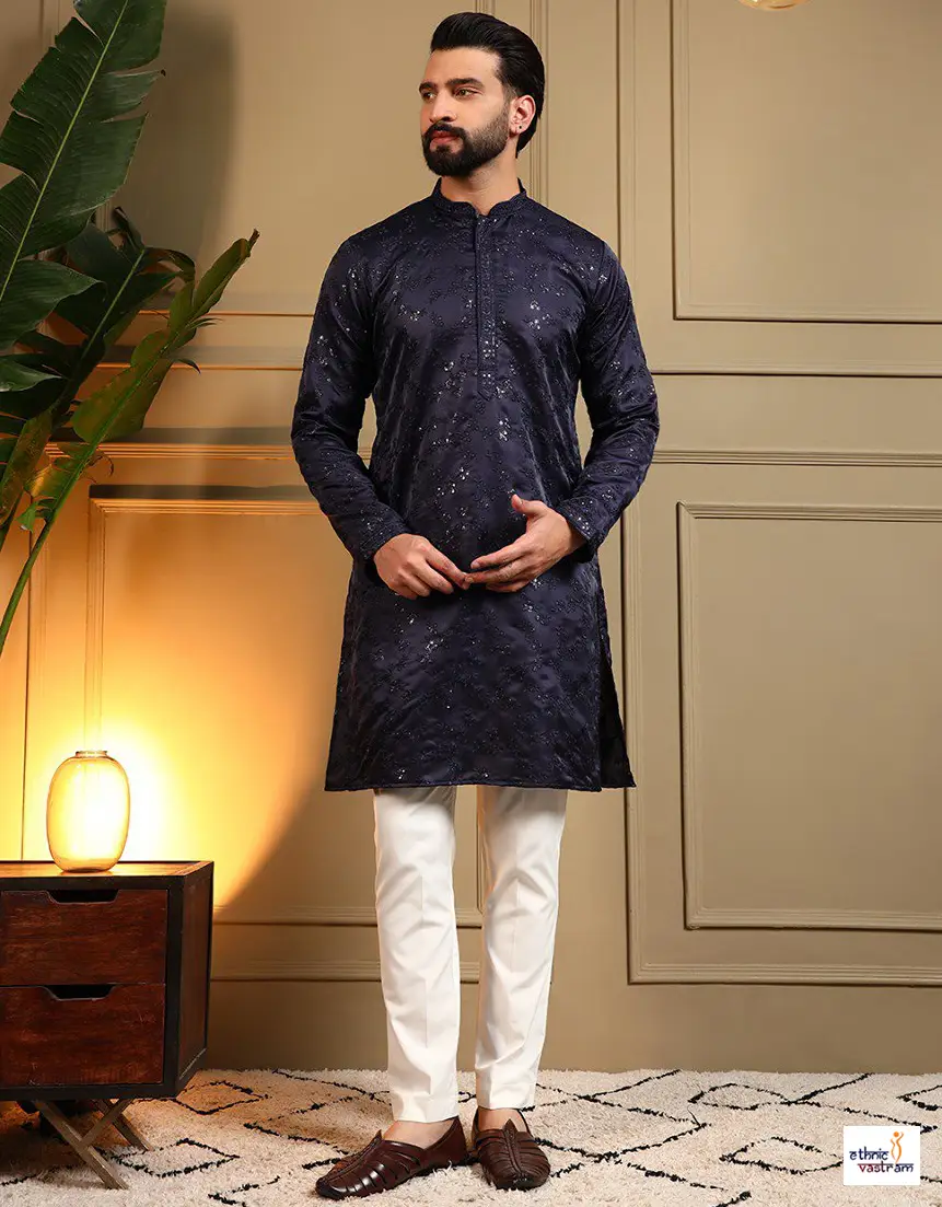 Premium Navy Blue Royal Silk Kurta Pajama For Men