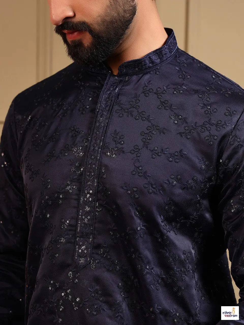 Premium Navy Blue Royal Silk Kurta Pajama For Men - Image 3
