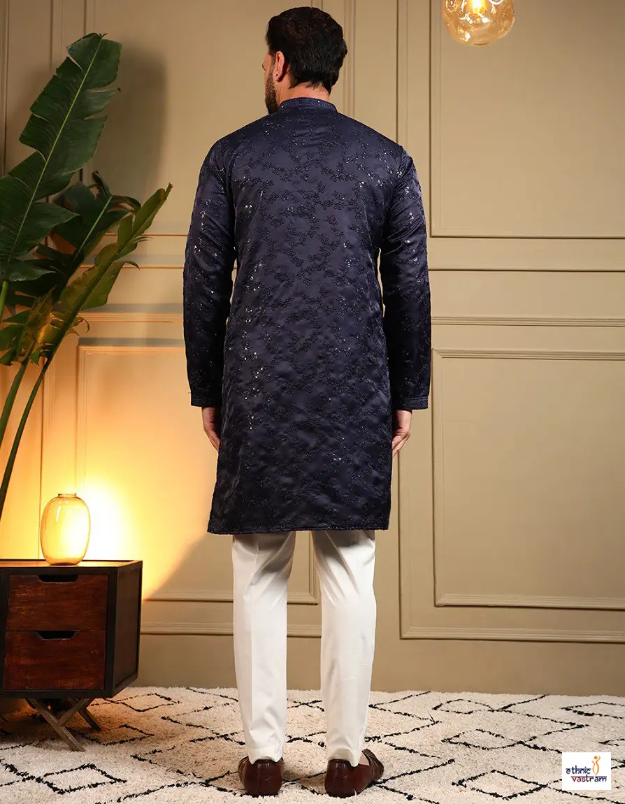 Premium Navy Blue Royal Silk Kurta Pajama For Men - Image 2