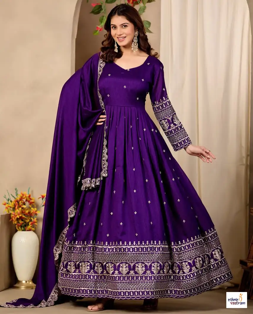 Purple Art Silk Embroidered Gown Set With Dupatta And Pant