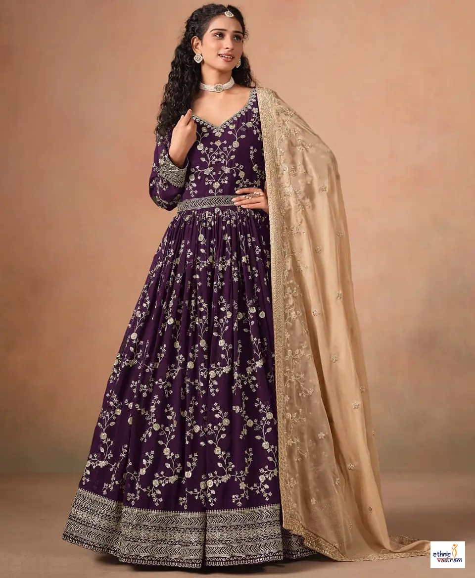 Purple Faux Georgette Embroidered Anarkali Gown Set