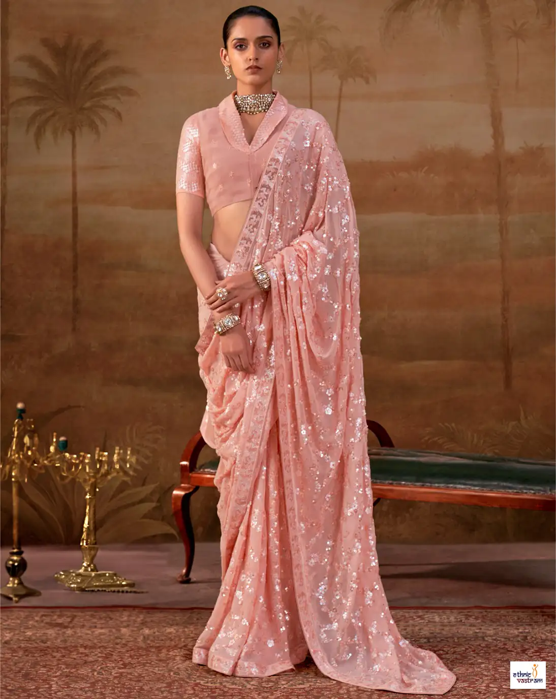 Radiant Blush Pink Sequin Embroidered Georgette Saree