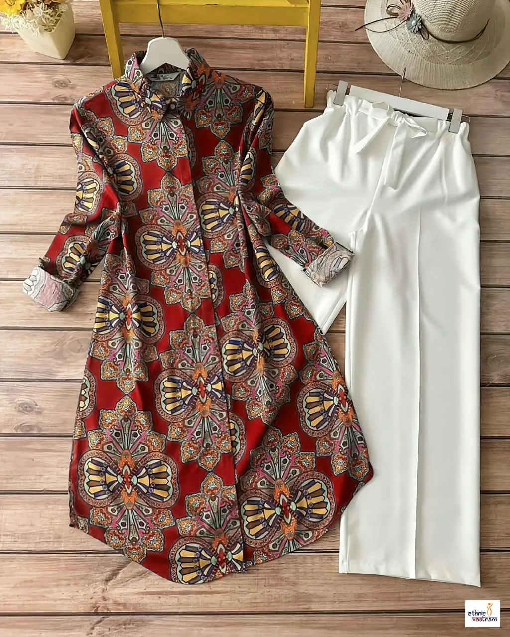 Red Digital Print Rayon Kurti Set With White Palazzo