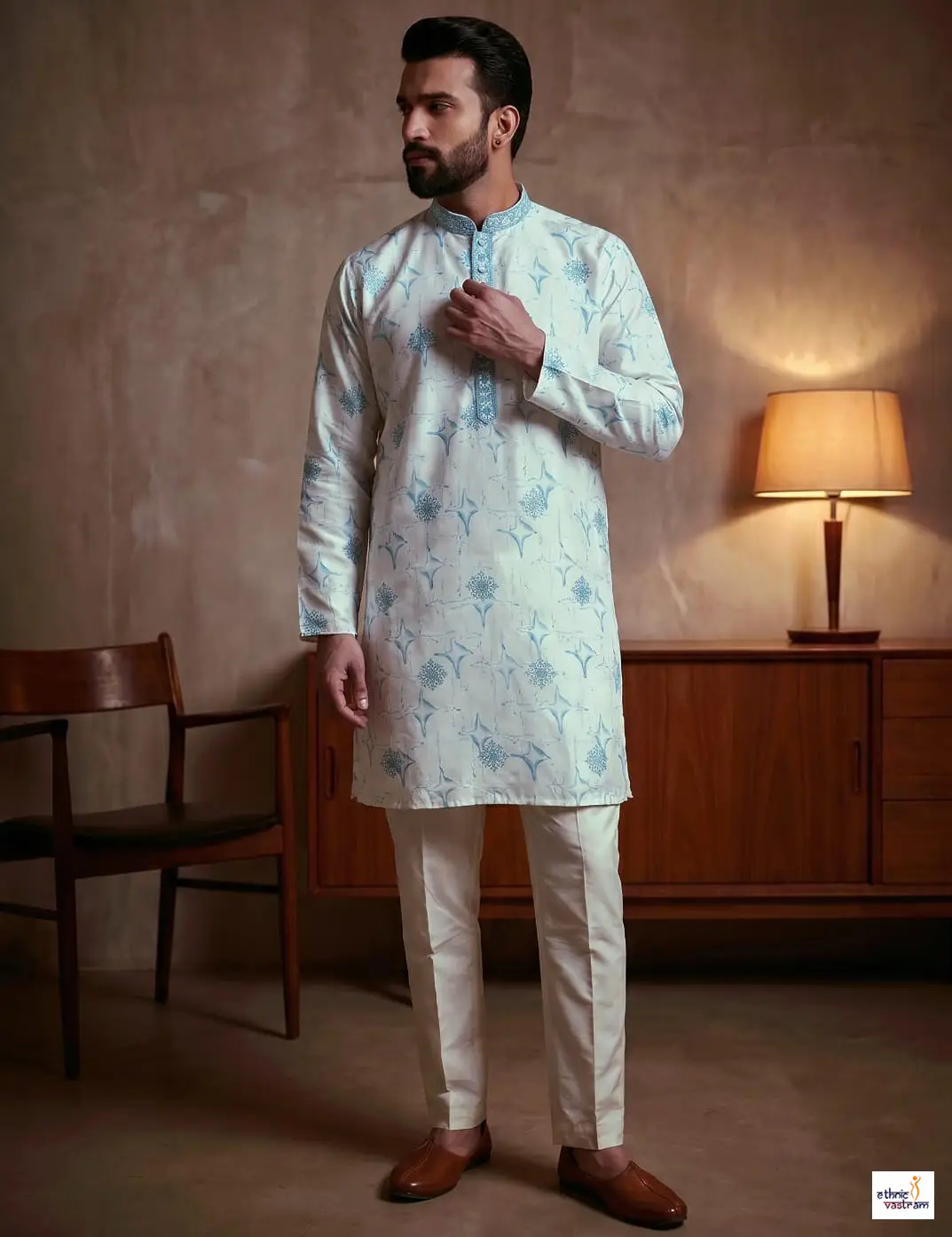 Refreshing White Cotton Printed Kurta Set For Men