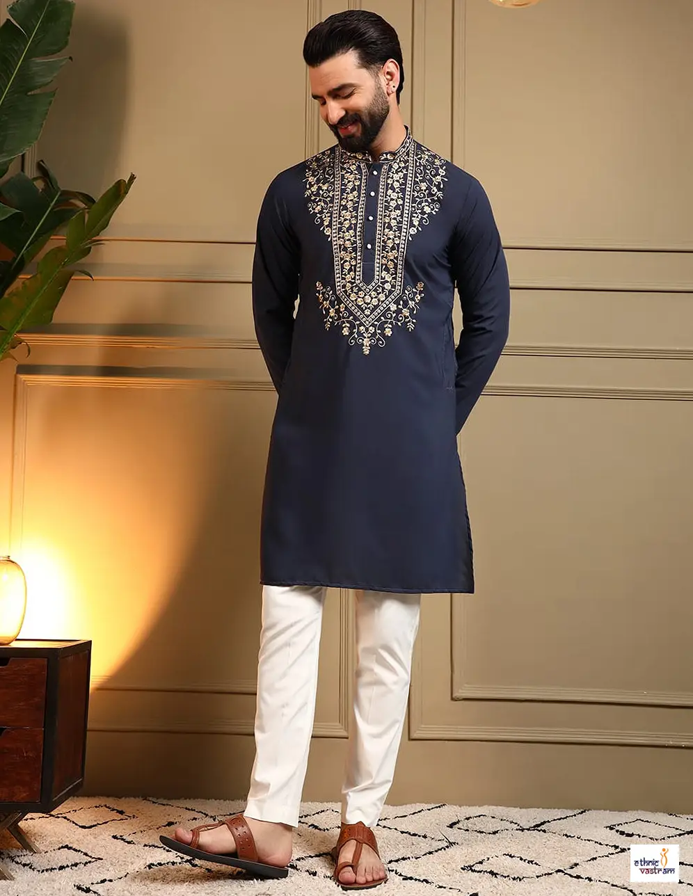 Regal Navy Armani Silk Sequins Embroidered Kurta Set