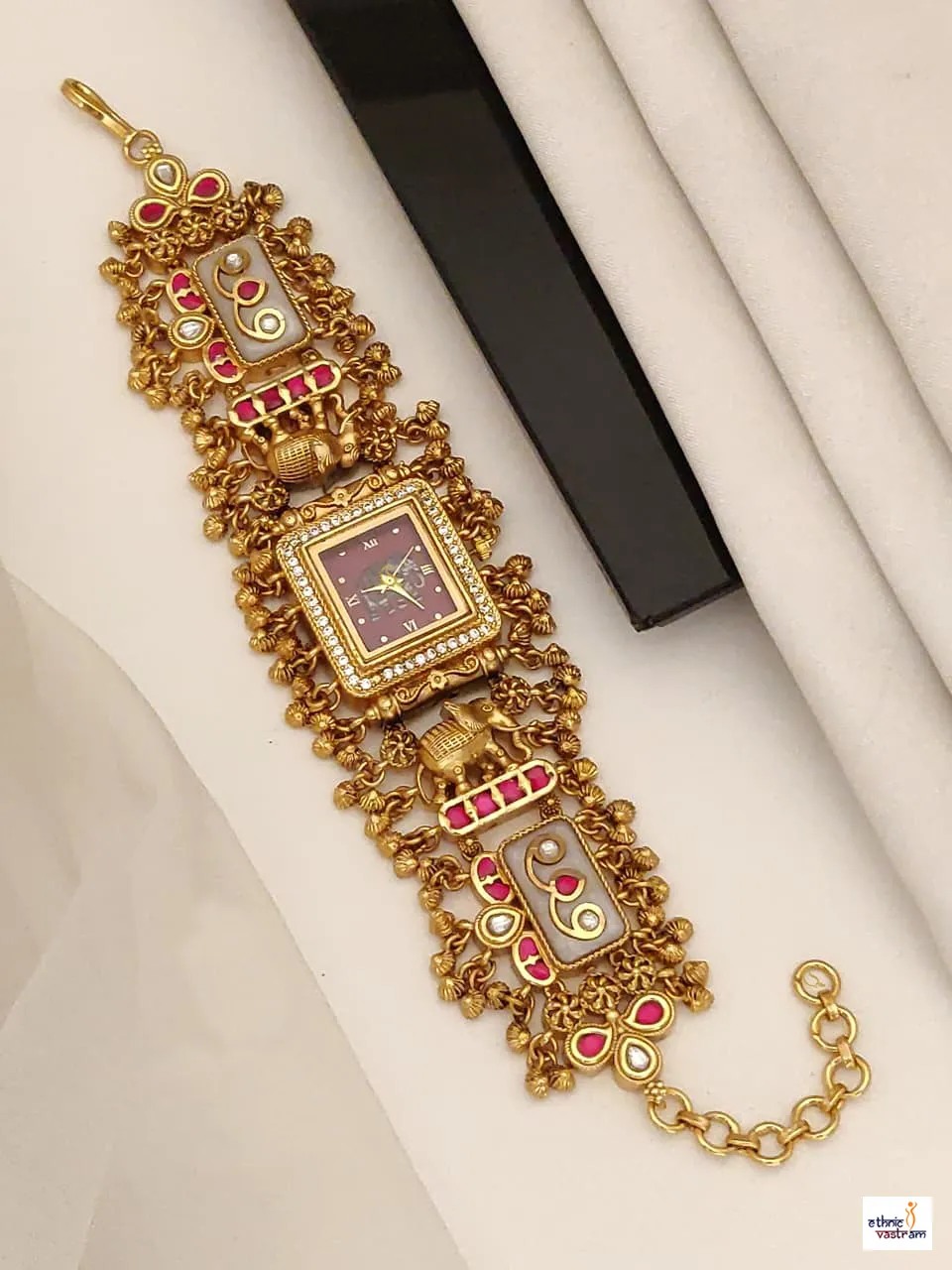 Regal Ruby Pink Elephant Motif Temple Jewelry Watch