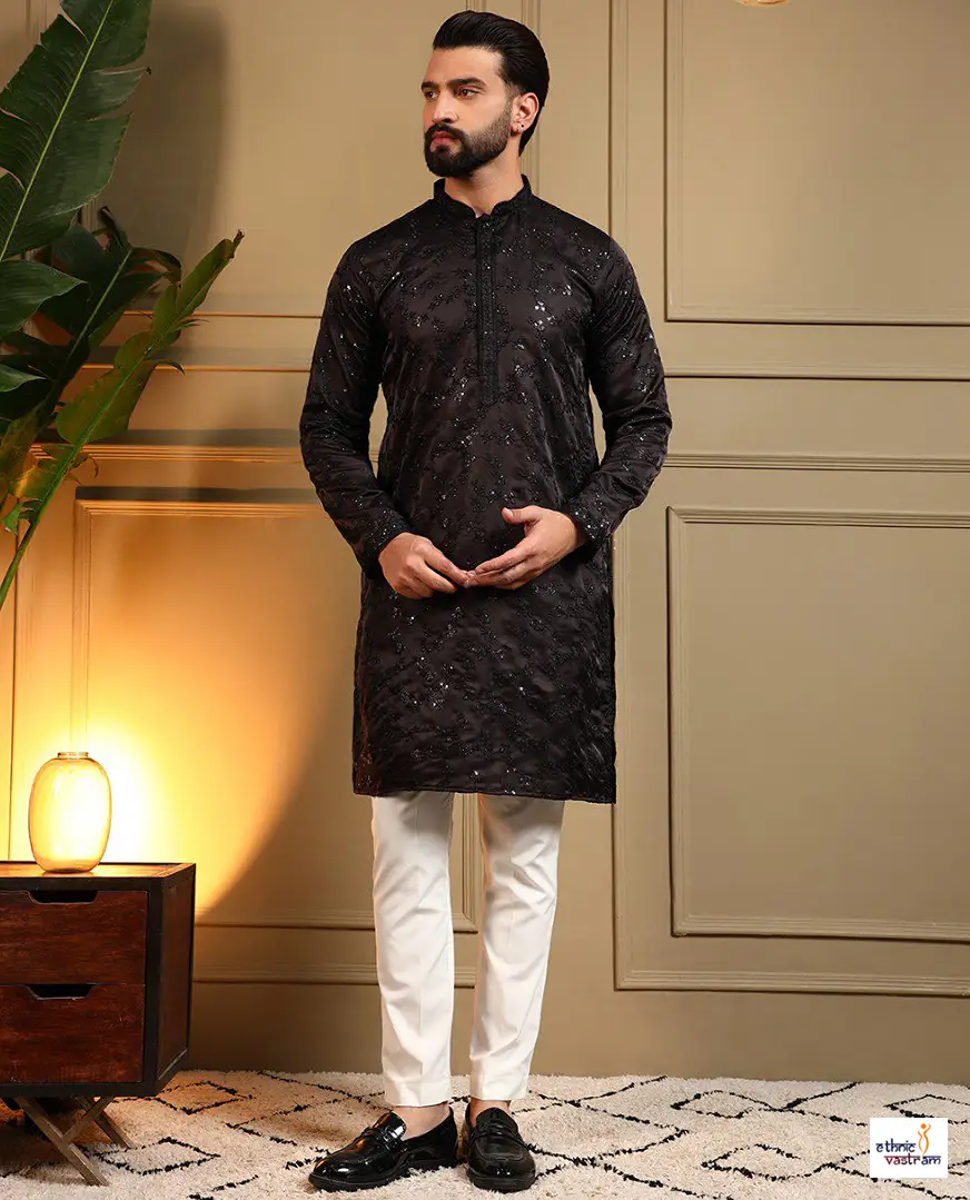 Royal Black Royal Silk Kurta Pajama For Men