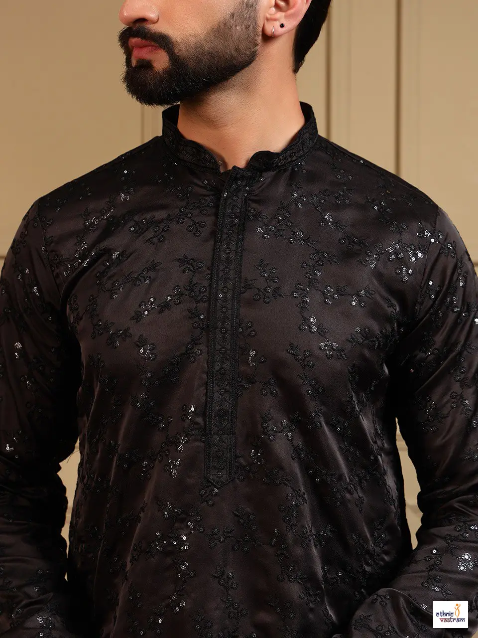 Royal Black Royal Silk Kurta Pajama For Men - Image 3