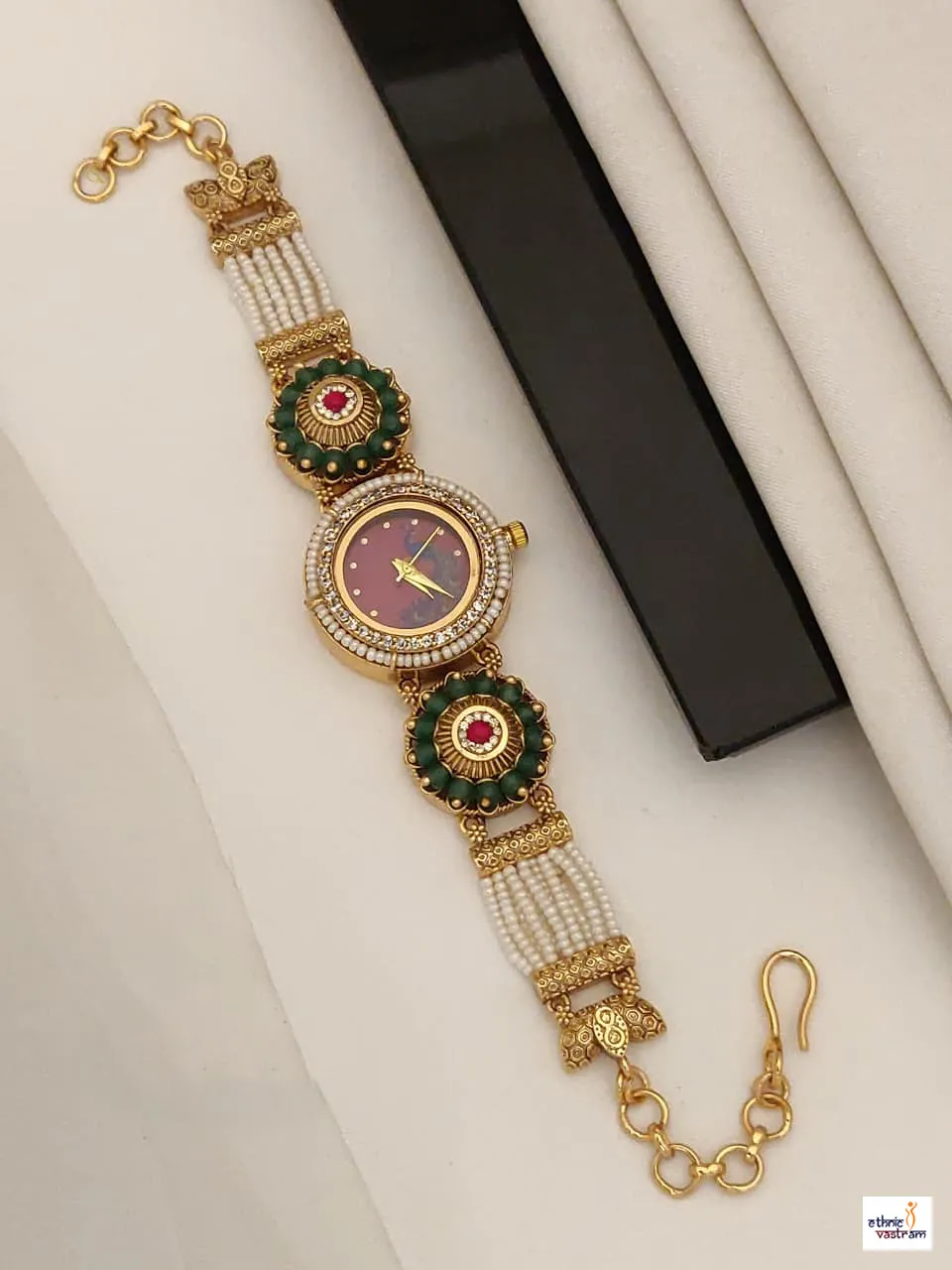 Royal Pearl Kundan Bracelet Watch For Women