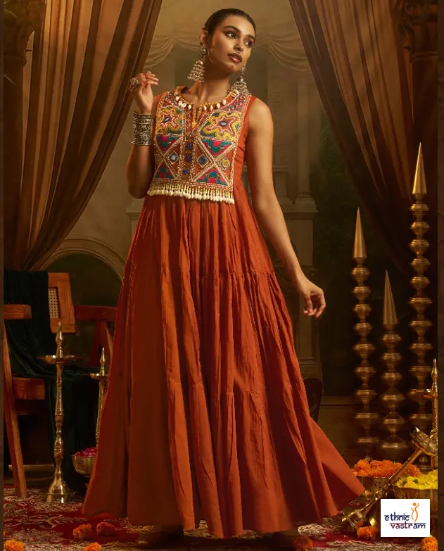 Rust Orange Mal Cotton Handwork Navratri Outfit