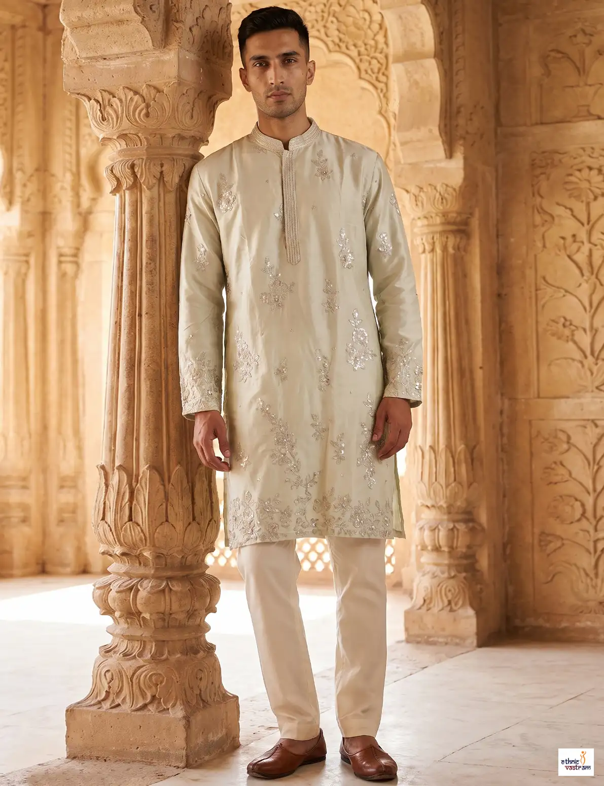 Silver Silk Embroidered Sequins Work Kurta Pajama