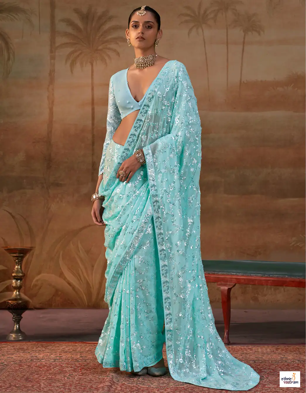 Sky Blue Sequin Embroidered Georgette Saree