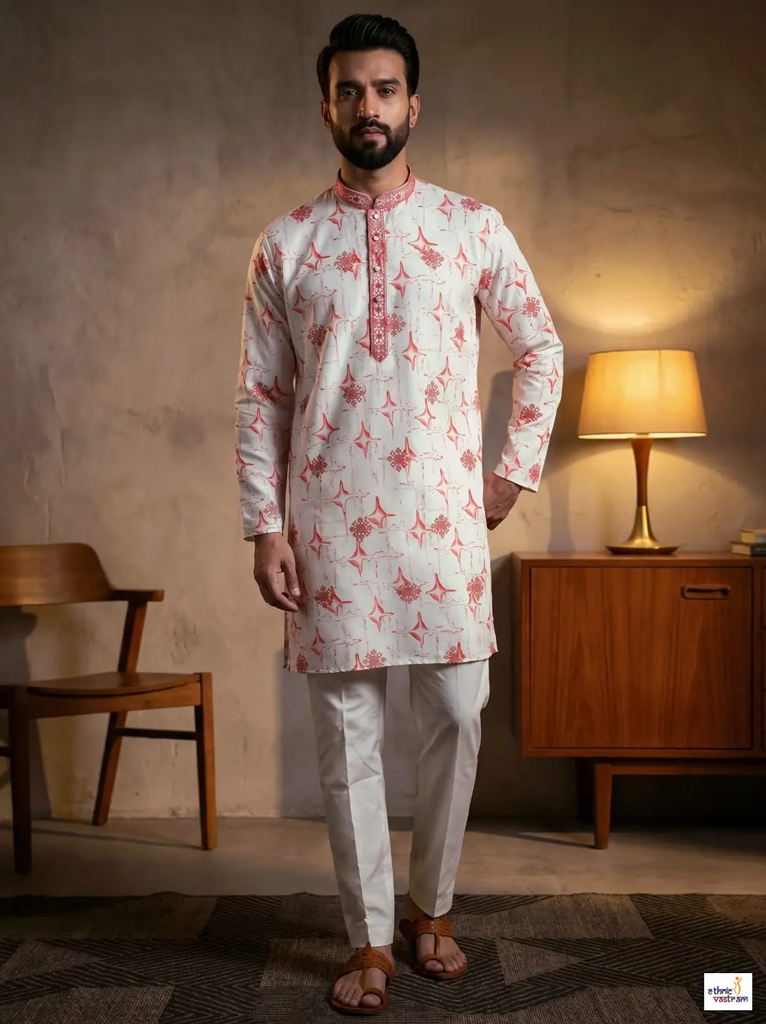 Vibrant Pink Cotton Printed Kurta Set For Men