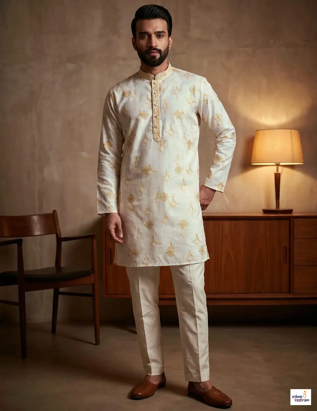 Vibrant Yellow Printed Sequins Kurta Set For Men