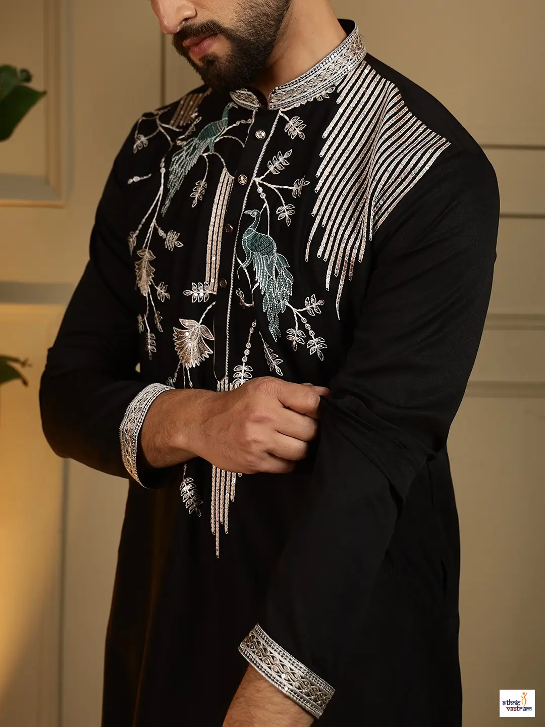 Viscose Silk Black Embroidery Sequin Work Men Kurta Pajama - Image 2
