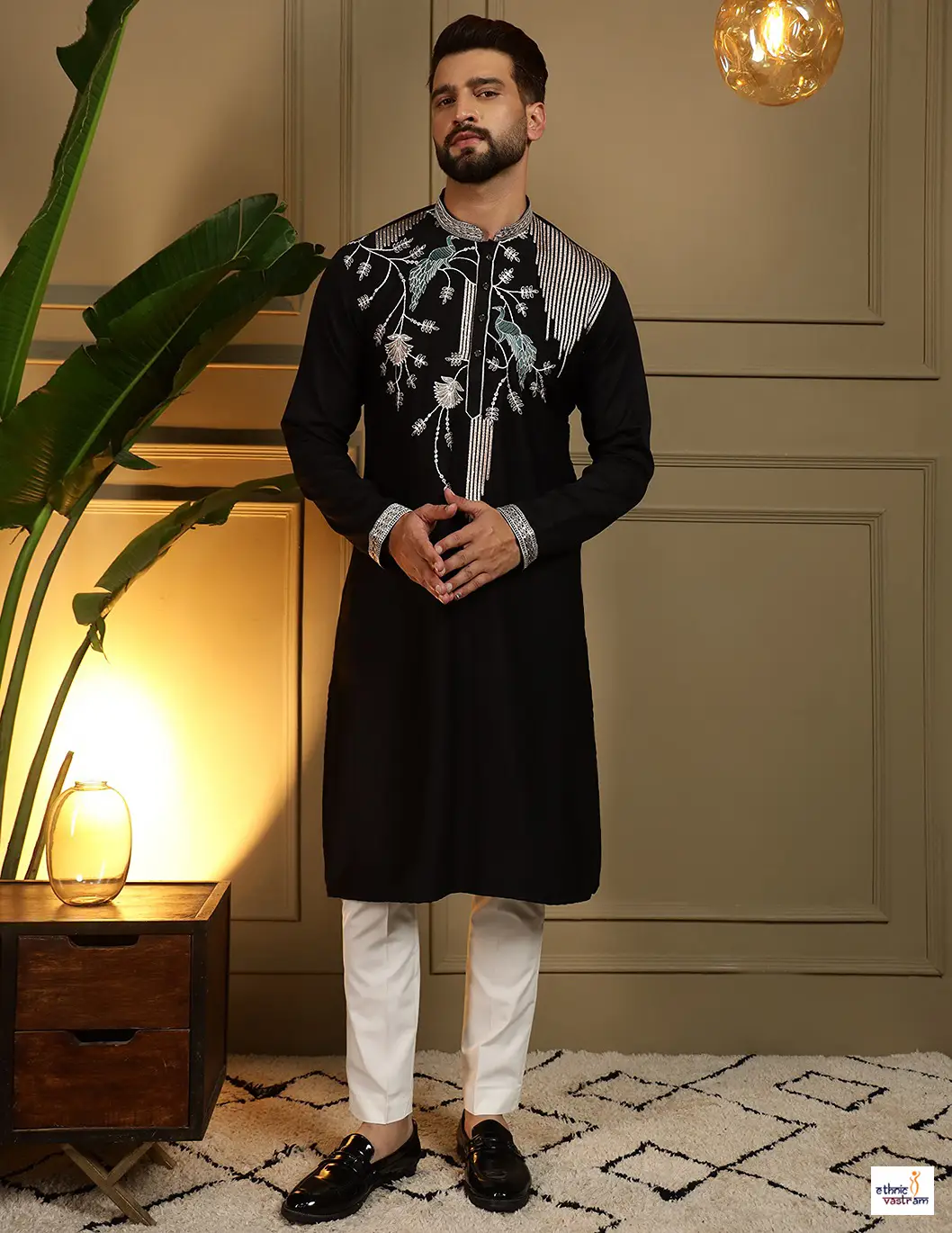 Viscose Silk Black Embroidery Sequin Work Men Kurta Pajama