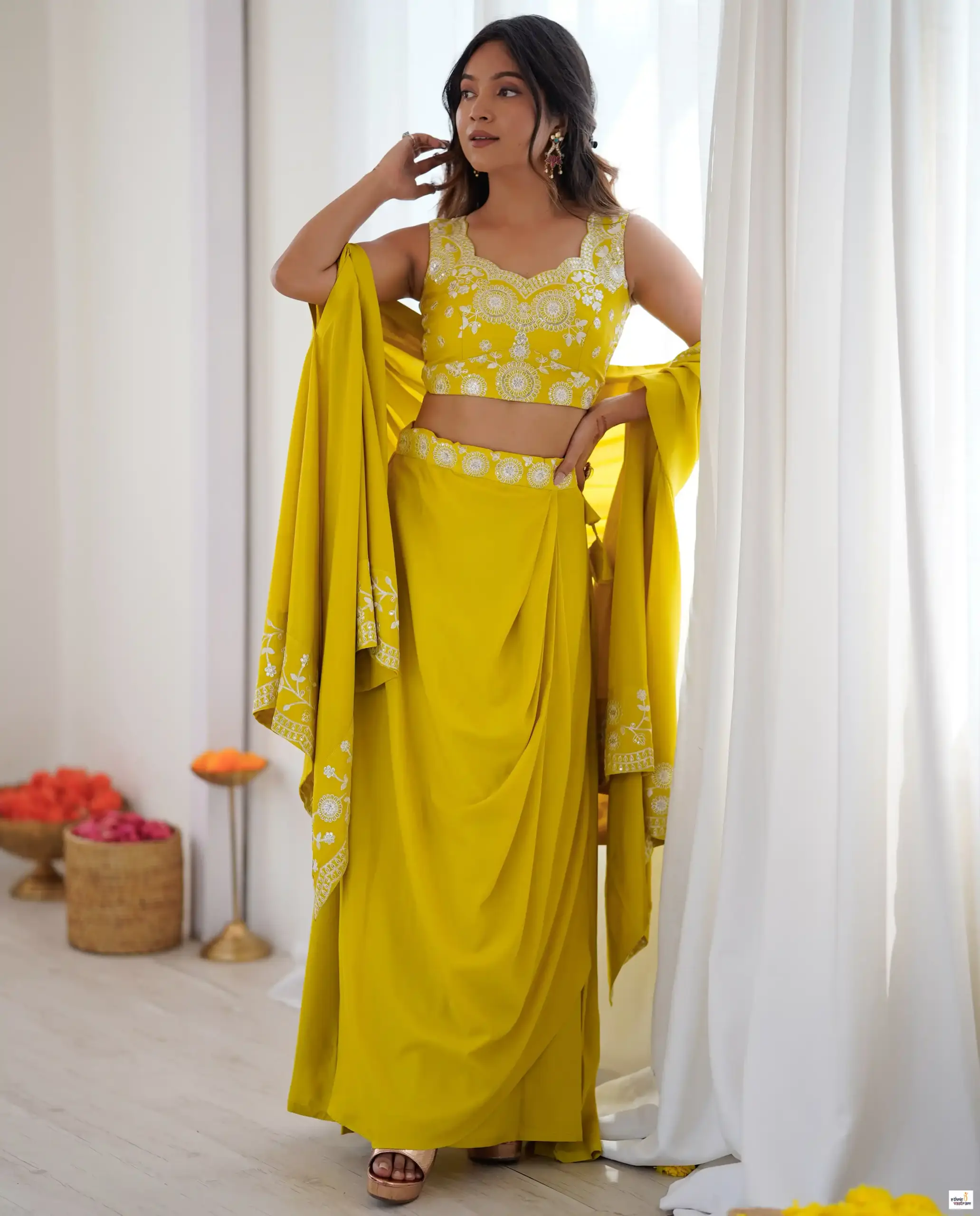 Yellow French Crepe Sequence Embroidery Dhoti Crop Top Set With Shrug
