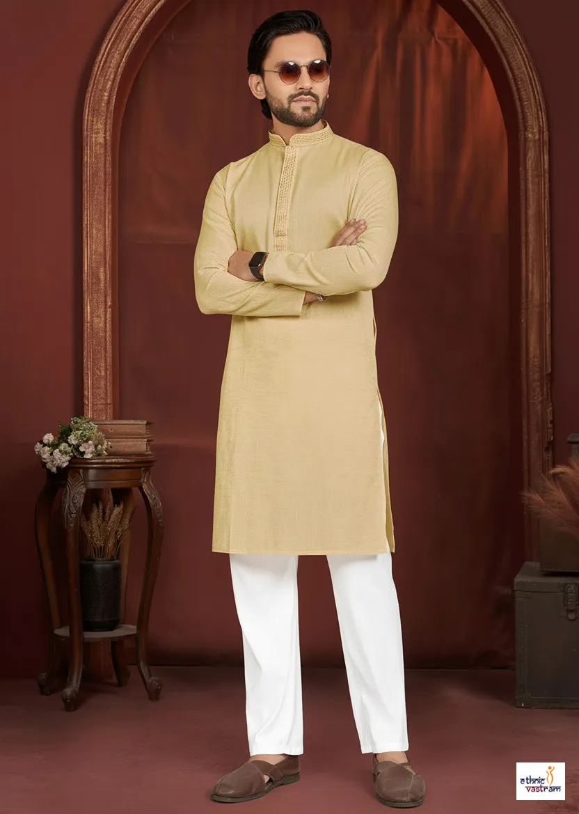 Yellow Linen Cotton Men Kurta Pajama Set