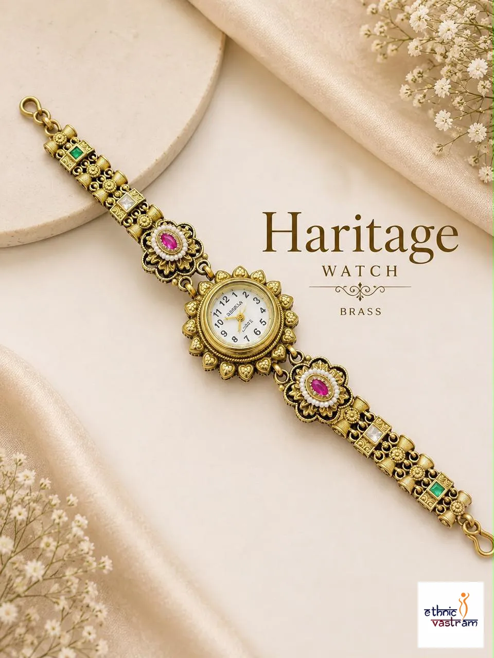 Antique Brass Floral Ethnic Watch Bracelet
