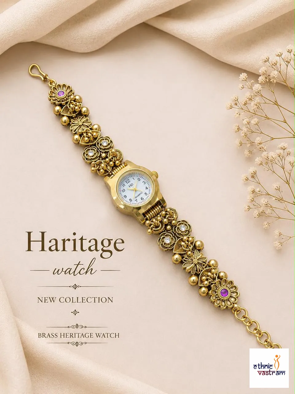 Antique Brass Bracelet with Round Arabic Dial and Floral Watch