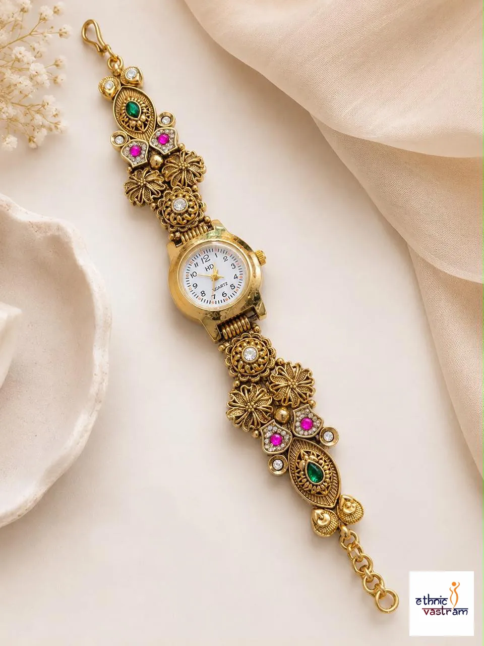 Antique Brass Ethnic Arabic Dial and Gemstone Watch