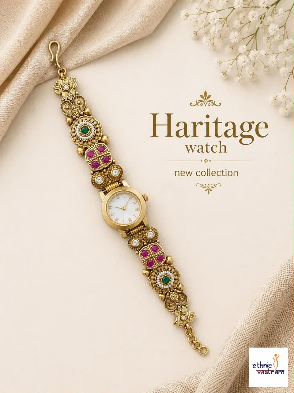 Antique Brass Ethnic Round Pearl Dial and Ruby Emerald Watch Bracelet